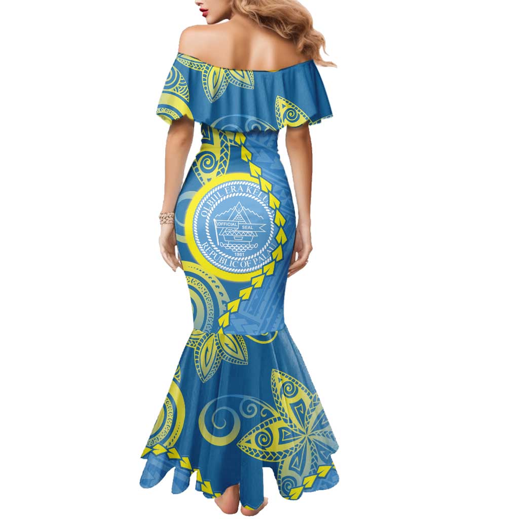 Personalised Palau Independence Day Family Matching Mermaid Dress and Hawaiian Shirt Belau Coat Of Arms Polynesian Curve Style