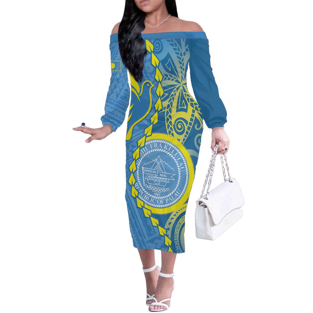 Personalised Palau Independence Day Family Matching Off The Shoulder Long Sleeve Dress and Hawaiian Shirt Belau Coat Of Arms Polynesian Curve Style