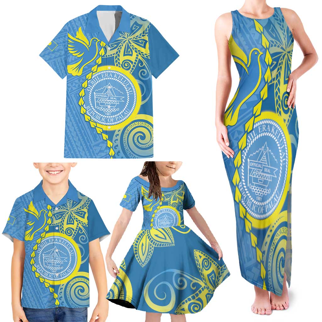 Personalised Palau Independence Day Family Matching Tank Maxi Dress and Hawaiian Shirt Belau Coat Of Arms Polynesian Curve Style