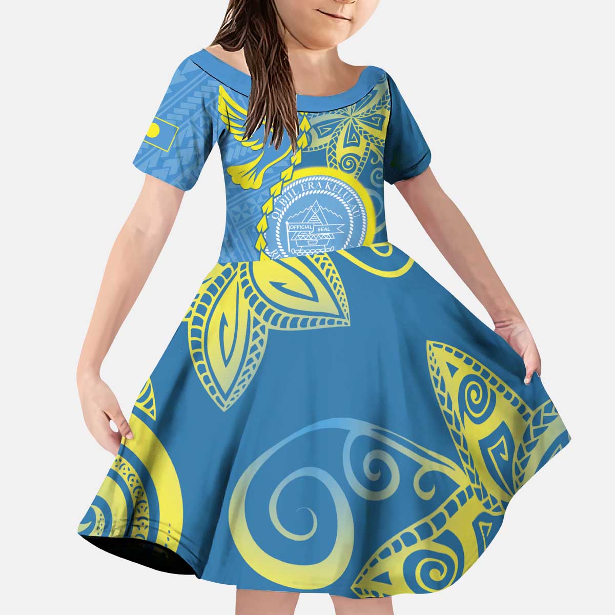 Personalised Palau Independence Day Kid Short Sleeve Dress Belau Coat Of Arms Polynesian Curve Style