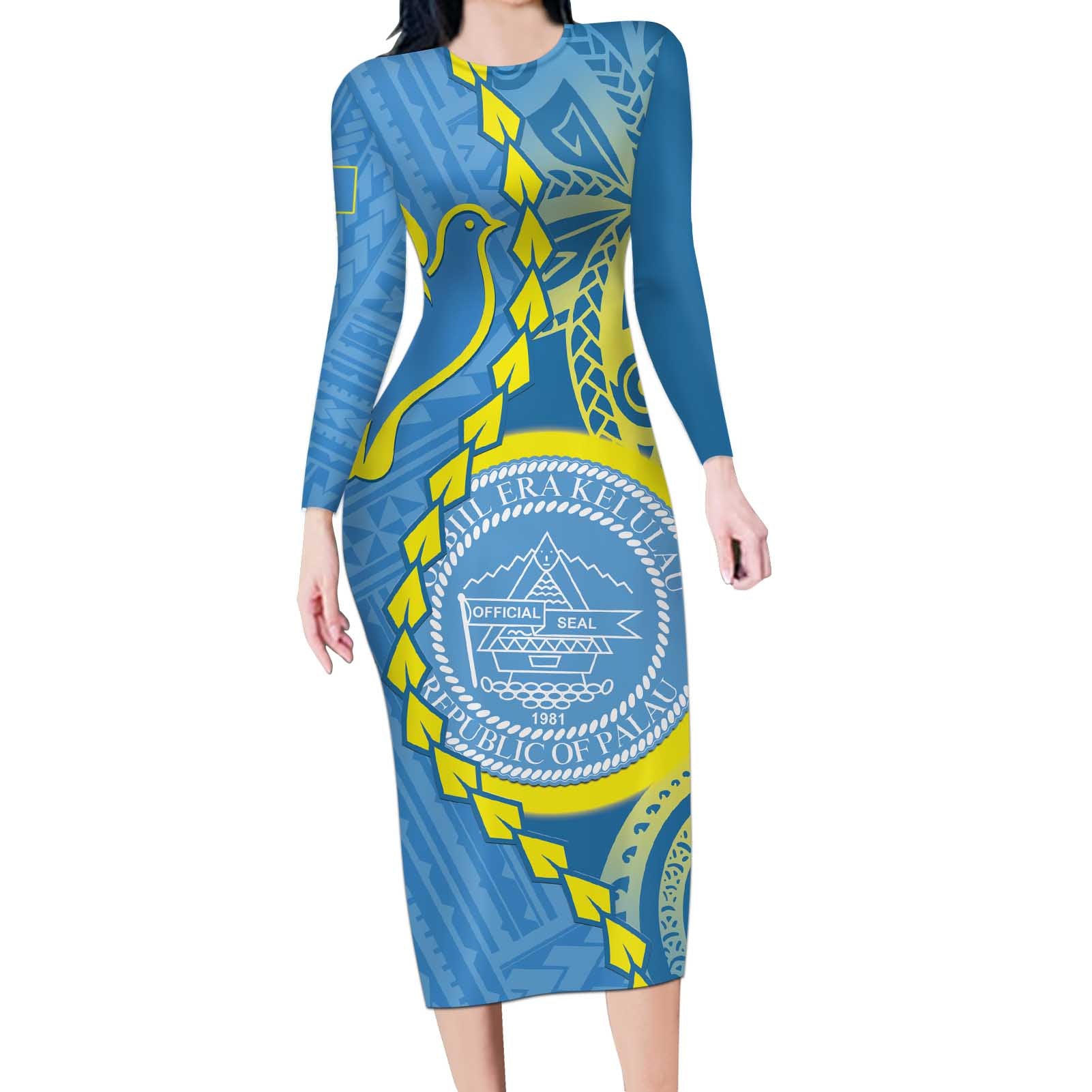 Personalised Palau Independence Day Long Sleeve Bodycon Dress Belau Coat Of Arms Polynesian Curve Style