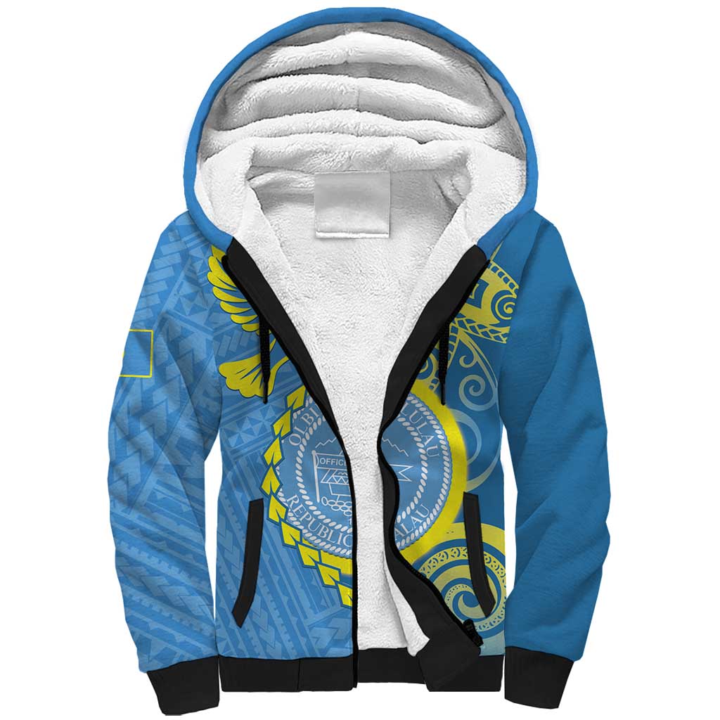 Personalised Palau Independence Day Sherpa Hoodie Belau Coat Of Arms Polynesian Curve Style