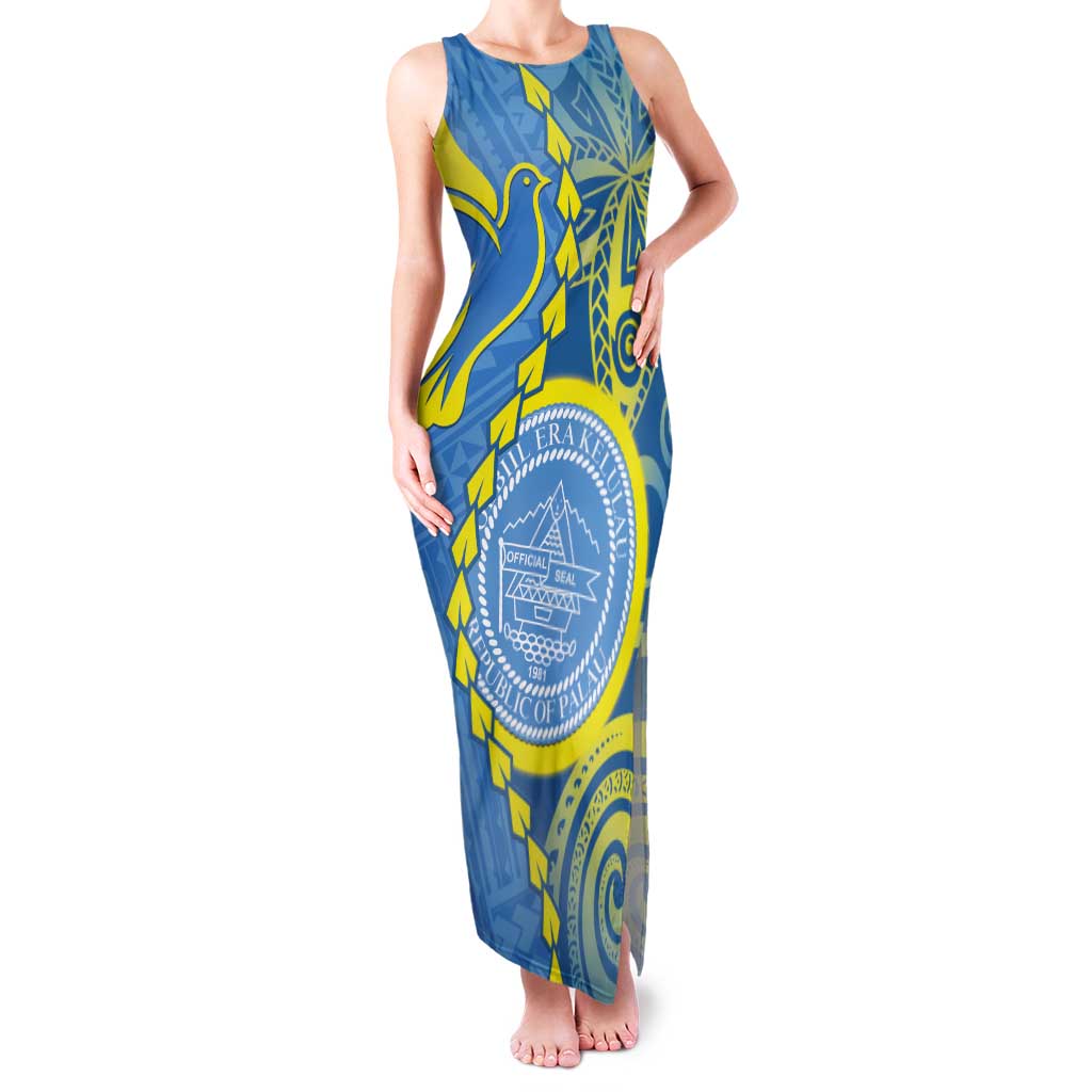 Personalised Palau Independence Day Tank Maxi Dress Belau Coat Of Arms Polynesian Curve Style