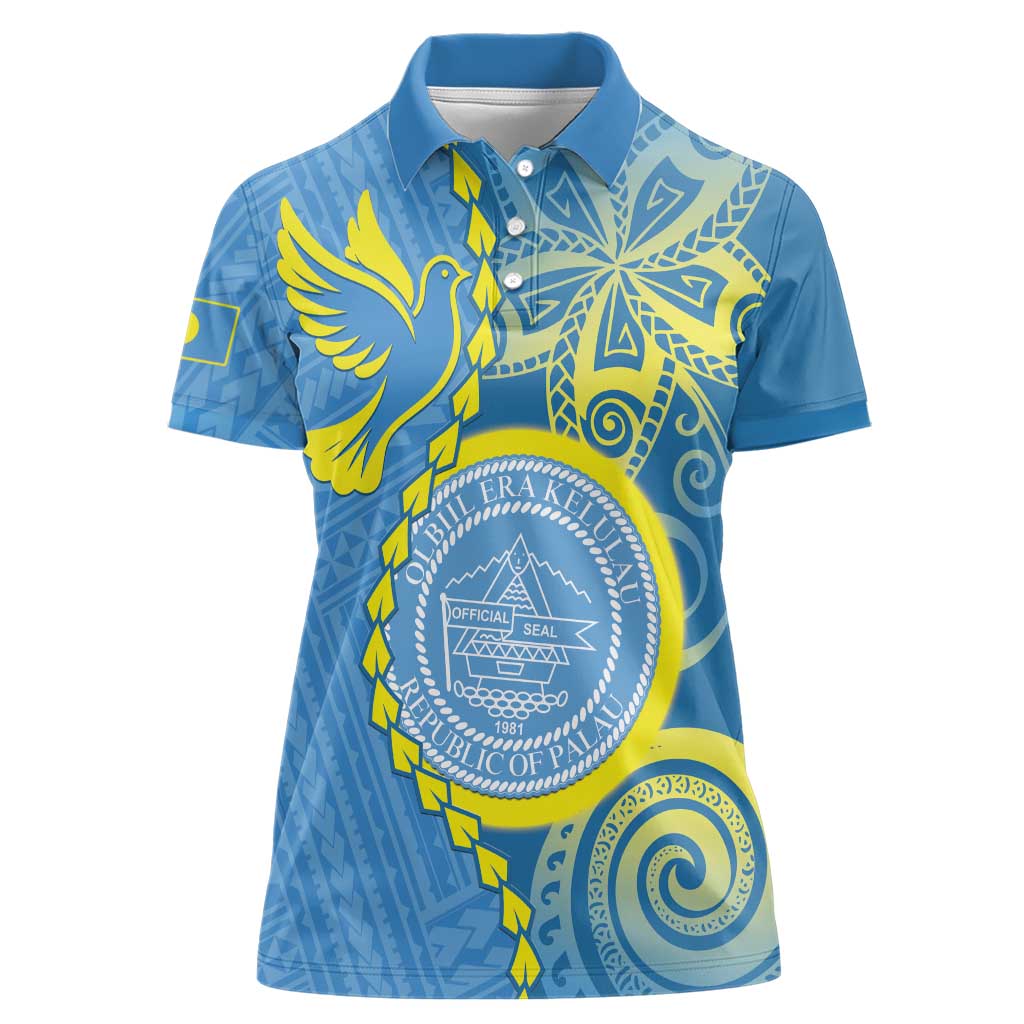 Personalised Palau Independence Day Women Polo Shirt Belau Coat Of Arms Polynesian Curve Style