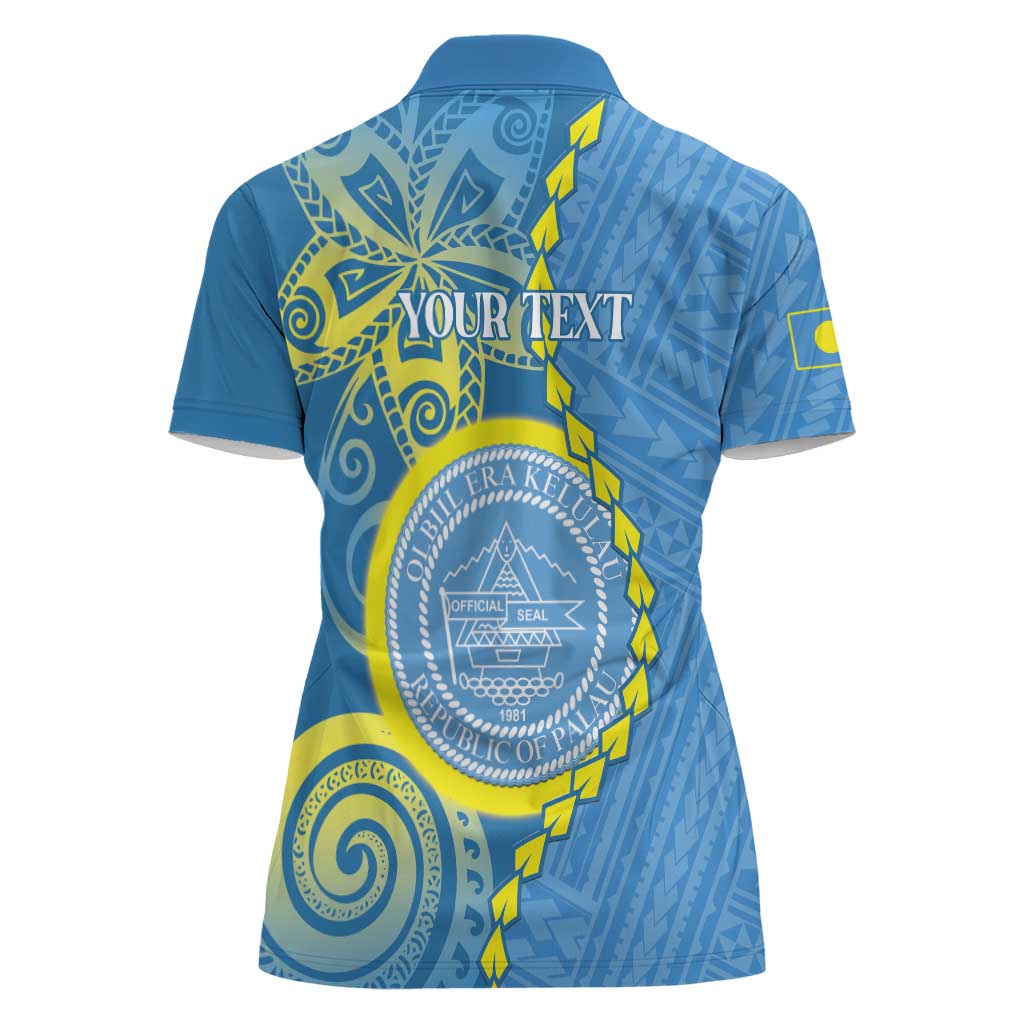 Personalised Palau Independence Day Women Polo Shirt Belau Coat Of Arms Polynesian Curve Style