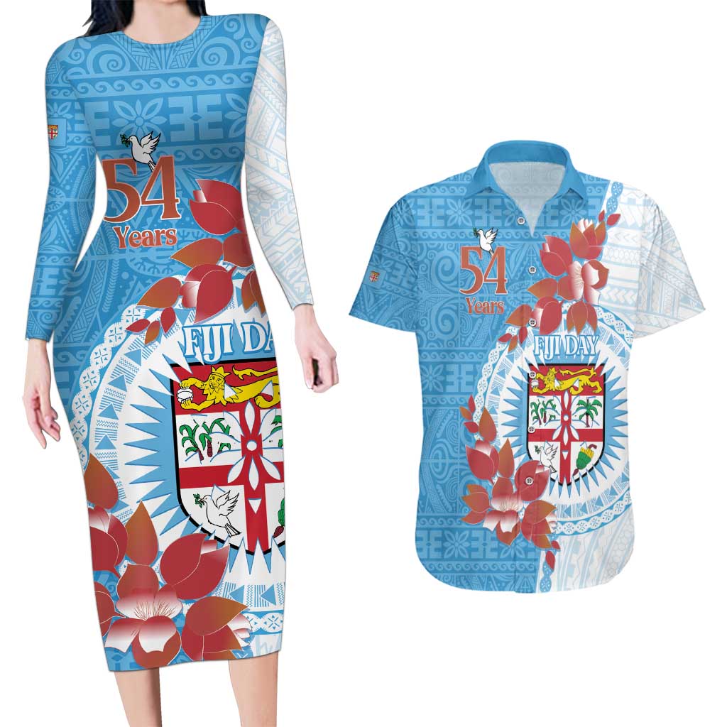 Personalised Fiji Day Couples Matching Long Sleeve Bodycon Dress and Hawaiian Shirt Fijian Tapa Pattern Mix Tagimoucia - Blue Version