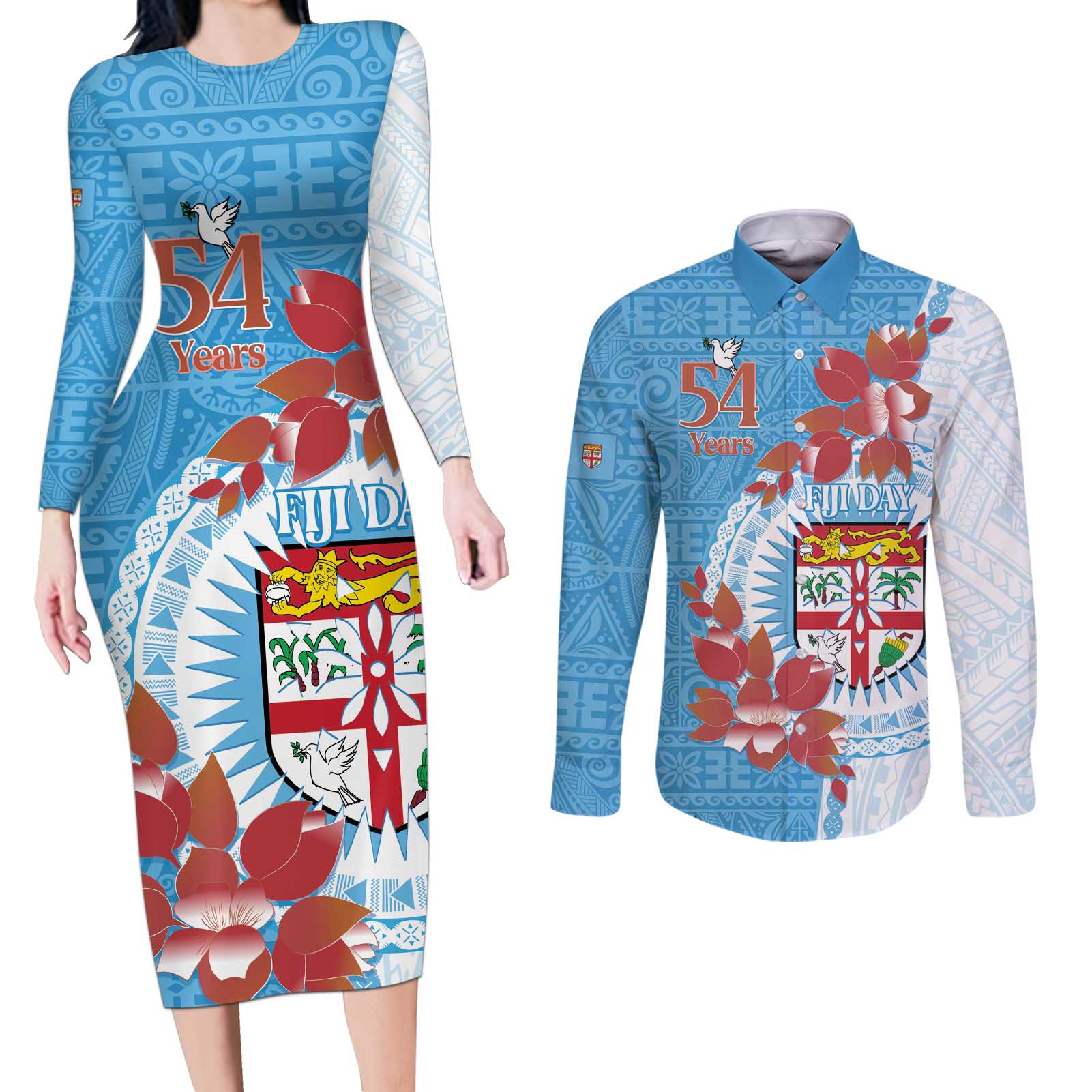 Personalised Fiji Day Couples Matching Long Sleeve Bodycon Dress and Long Sleeve Button Shirt Fijian Tapa Pattern Mix Tagimoucia - Blue Version