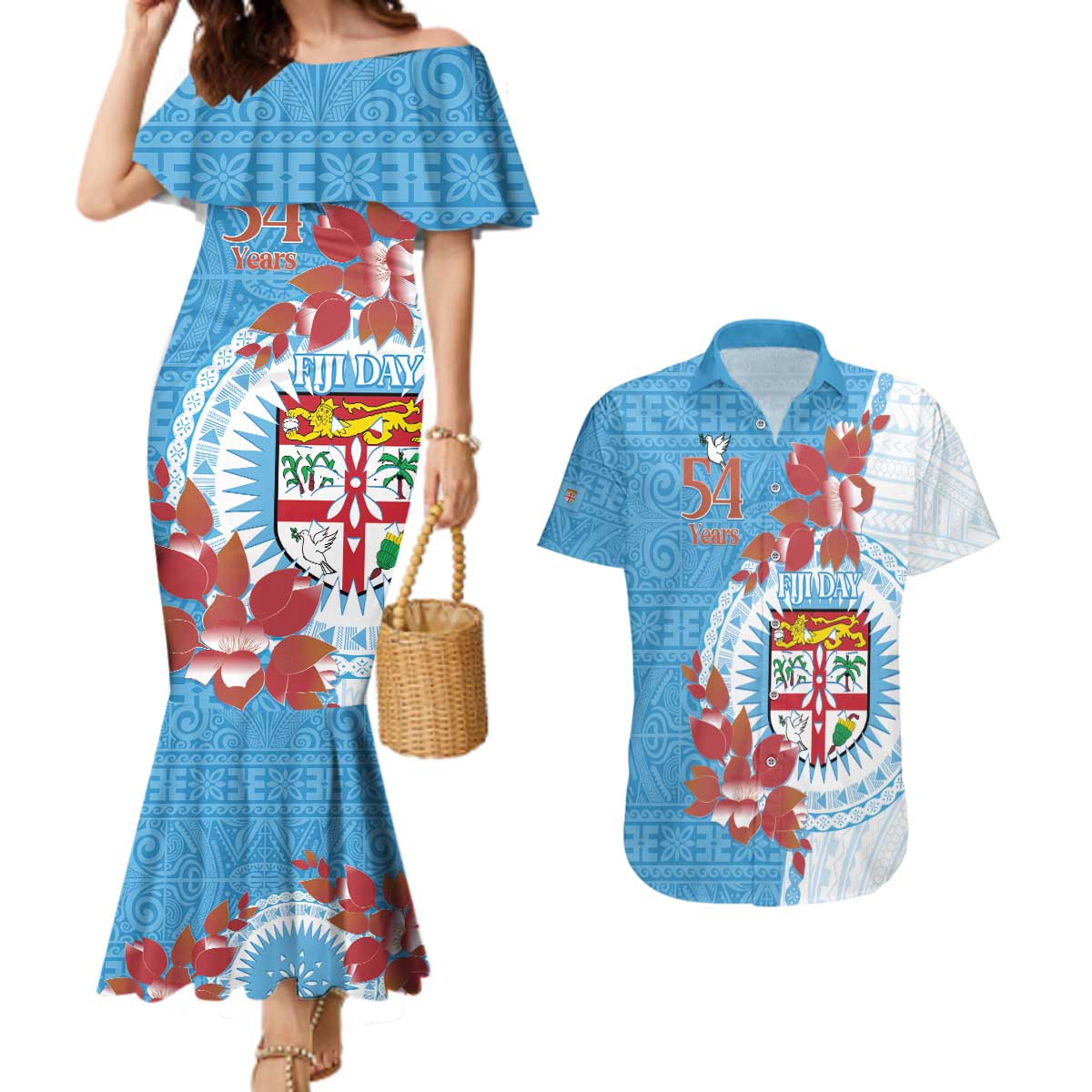 Personalised Fiji Day Couples Matching Mermaid Dress and Hawaiian Shirt Fijian Tapa Pattern Mix Tagimoucia - Blue Version