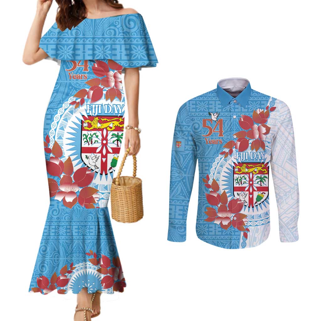 Personalised Fiji Day Couples Matching Mermaid Dress and Long Sleeve Button Shirt Fijian Tapa Pattern Mix Tagimoucia - Blue Version