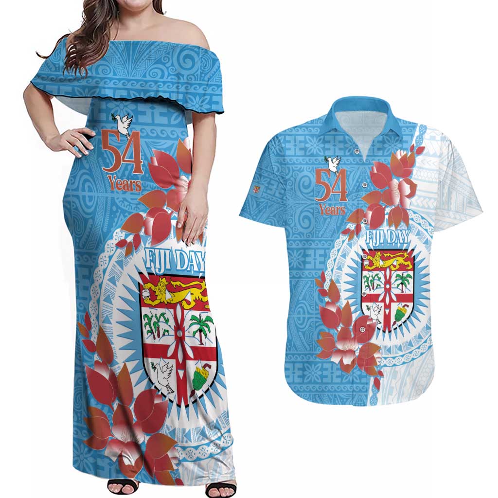 Personalised Fiji Day Couples Matching Off Shoulder Maxi Dress and Hawaiian Shirt Fijian Tapa Pattern Mix Tagimoucia - Blue Version