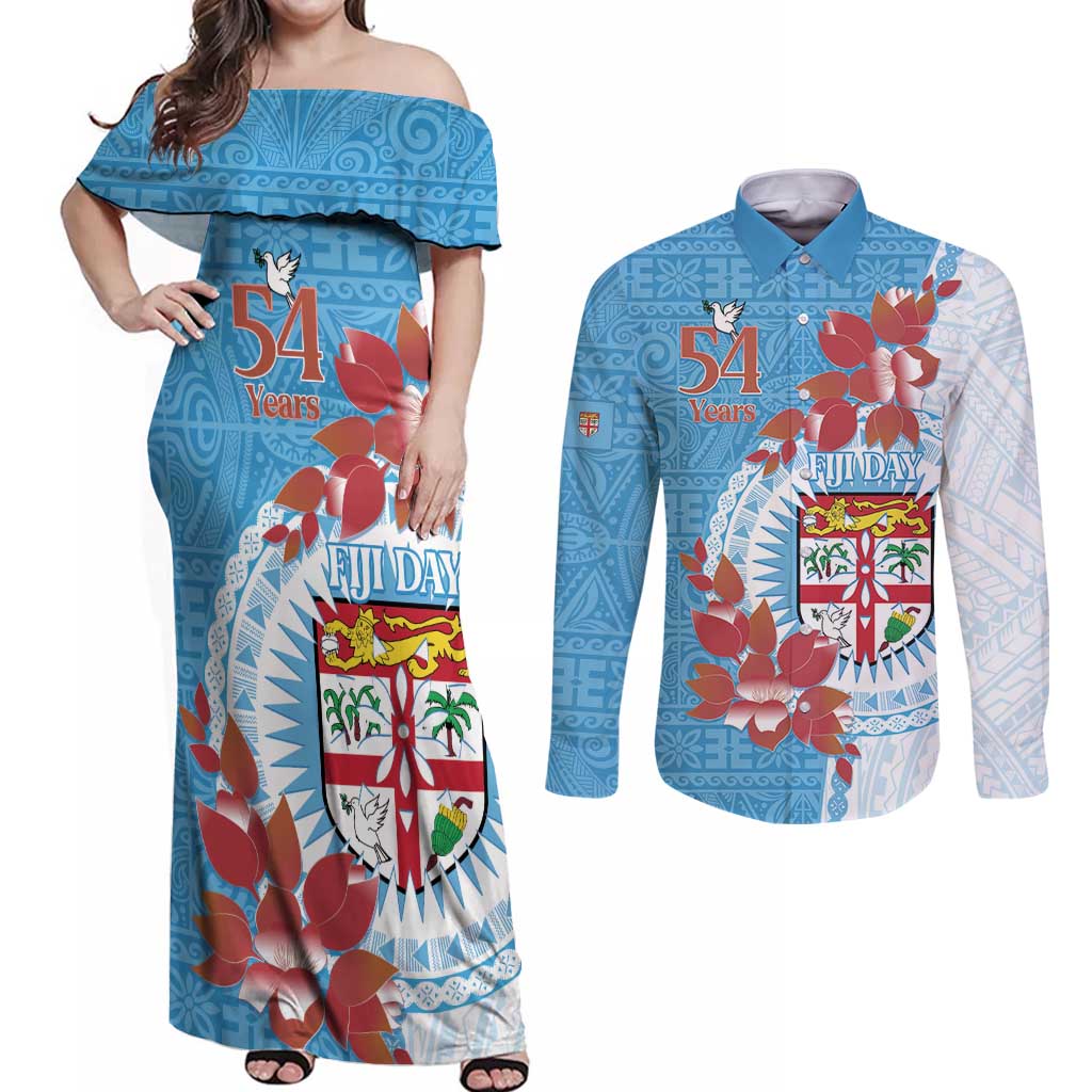 Personalised Fiji Day Couples Matching Off Shoulder Maxi Dress and Long Sleeve Button Shirt Fijian Tapa Pattern Mix Tagimoucia - Blue Version