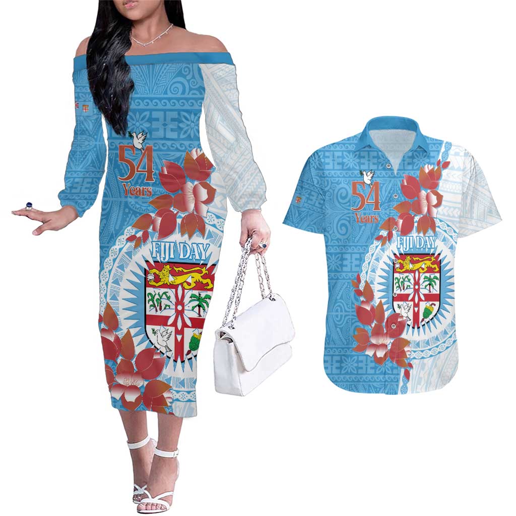 Personalised Fiji Day Couples Matching Off The Shoulder Long Sleeve Dress and Hawaiian Shirt Fijian Tapa Pattern Mix Tagimoucia - Blue Version