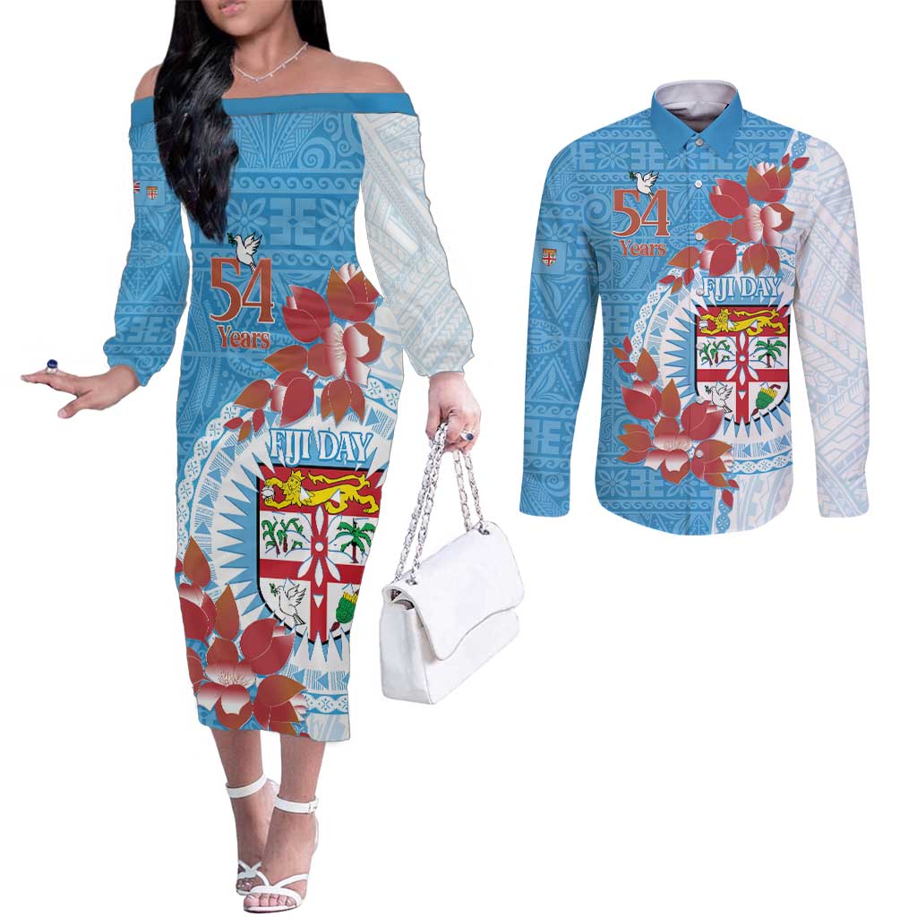 Personalised Fiji Day Couples Matching Off The Shoulder Long Sleeve Dress and Long Sleeve Button Shirt Fijian Tapa Pattern Mix Tagimoucia - Blue Version