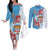 Personalised Fiji Day Couples Matching Off The Shoulder Long Sleeve Dress and Long Sleeve Button Shirt Fijian Tapa Pattern Mix Tagimoucia - Blue Version