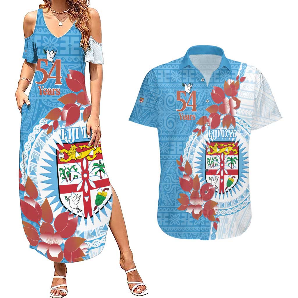 Personalised Fiji Day Couples Matching Summer Maxi Dress and Hawaiian Shirt Fijian Tapa Pattern Mix Tagimoucia - Blue Version