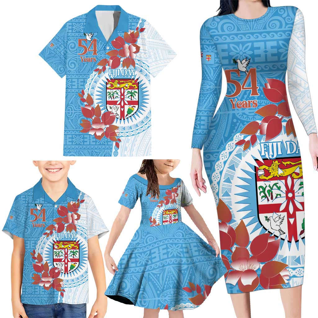 Personalised Fiji Day Family Matching Long Sleeve Bodycon Dress and Hawaiian Shirt Fijian Tapa Pattern Mix Tagimoucia - Blue Version