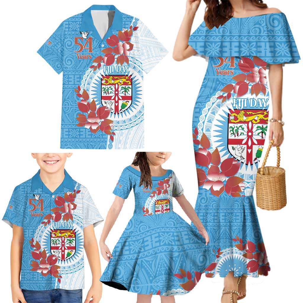 Personalised Fiji Day Family Matching Mermaid Dress and Hawaiian Shirt Fijian Tapa Pattern Mix Tagimoucia - Blue Version