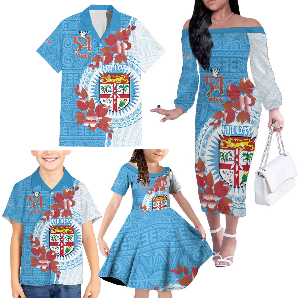 Personalised Fiji Day Family Matching Off The Shoulder Long Sleeve Dress and Hawaiian Shirt Fijian Tapa Pattern Mix Tagimoucia - Blue Version