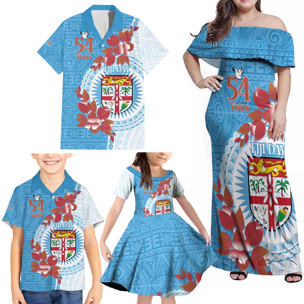 Personalised Fiji Day Family Matching Off Shoulder Maxi Dress and Hawaiian Shirt Fijian Tapa Pattern Mix Tagimoucia - Blue Version