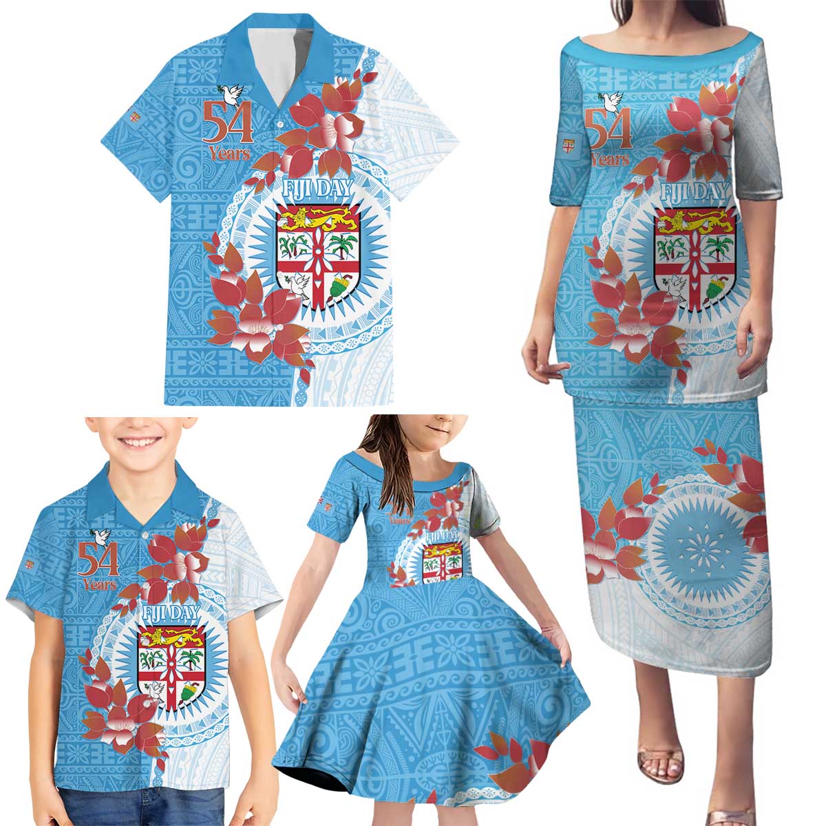 Personalised Fiji Day Family Matching Puletasi and Hawaiian Shirt Fijian Tapa Pattern Mix Tagimoucia - Blue Version