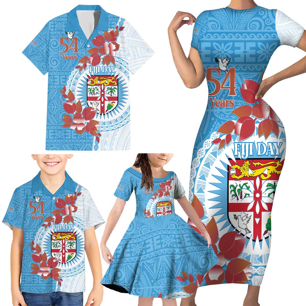 Personalised Fiji Day Family Matching Short Sleeve Bodycon Dress and Hawaiian Shirt Fijian Tapa Pattern Mix Tagimoucia - Blue Version