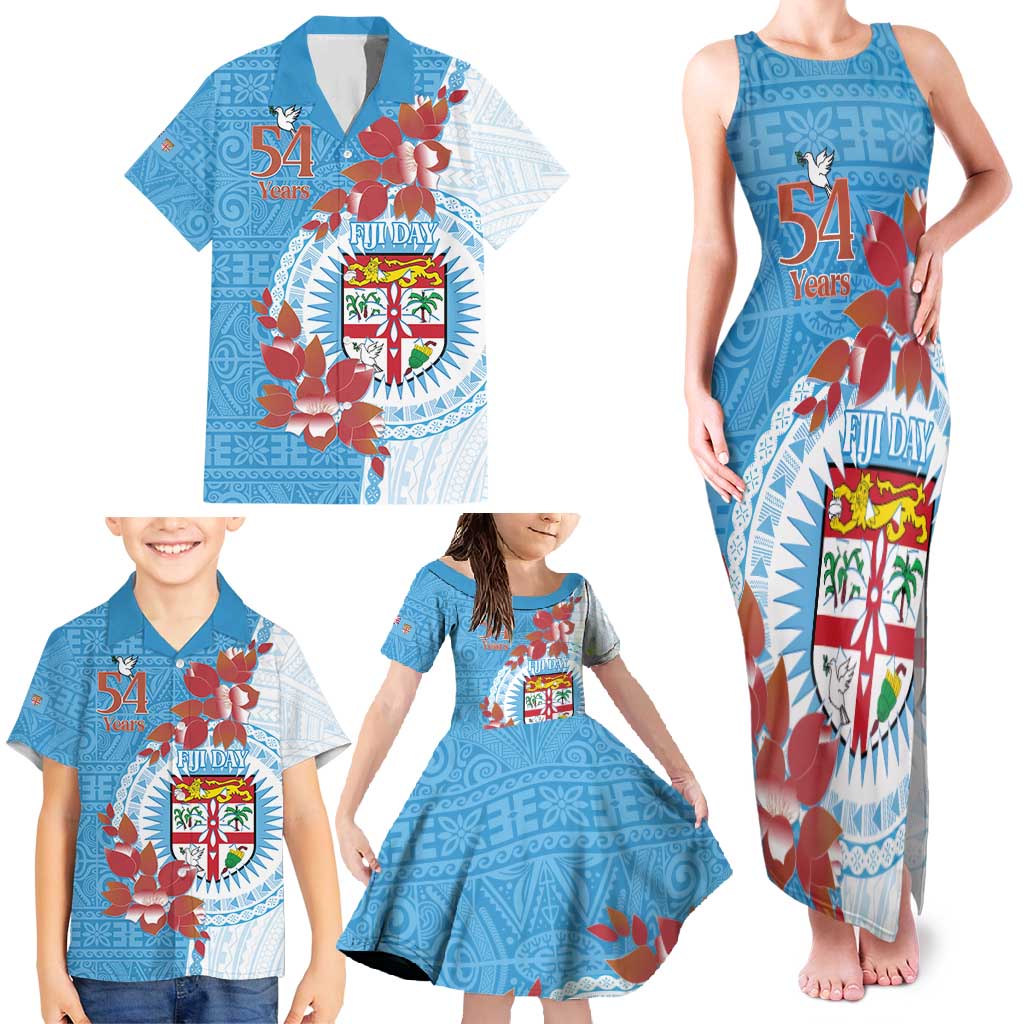 Personalised Fiji Day Family Matching Tank Maxi Dress and Hawaiian Shirt Fijian Tapa Pattern Mix Tagimoucia - Blue Version