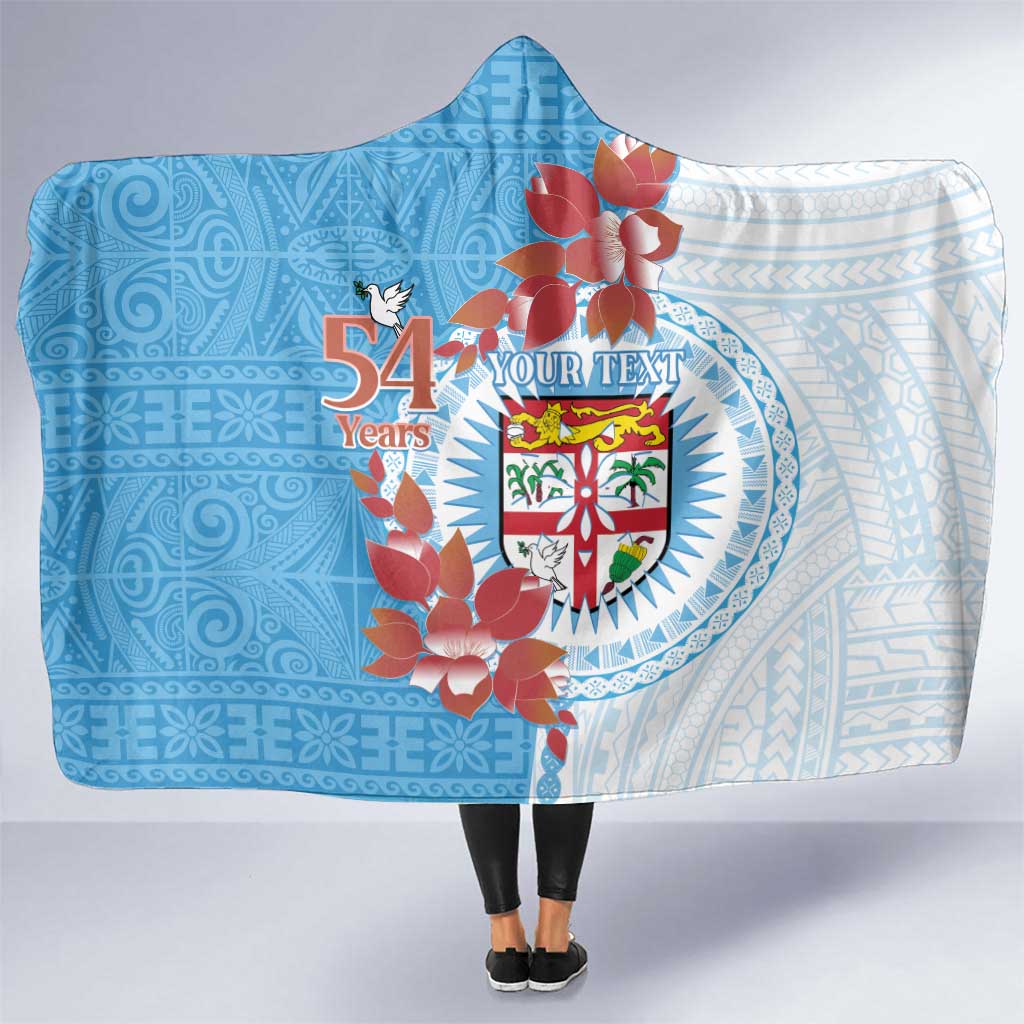 Personalised Fiji Day Hooded Blanket Fijian Tapa Pattern Mix Tagimoucia - Blue Version