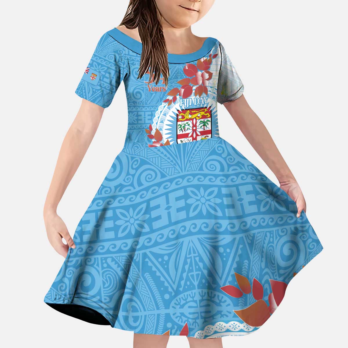 Personalised Fiji Day Kid Short Sleeve Dress Fijian Tapa Pattern Mix Tagimoucia - Blue Version