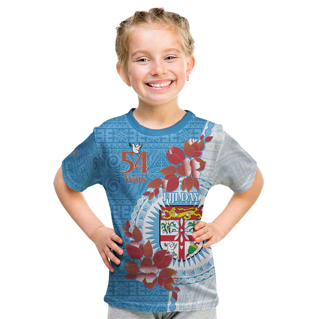 Personalised Fiji Day Kid T Shirt Fijian Tapa Pattern Mix Tagimoucia - Blue Version