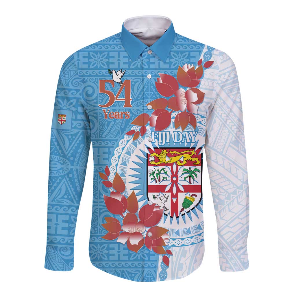 Personalised Fiji Day Long Sleeve Button Shirt Fijian Tapa Pattern Mix Tagimoucia - Blue Version