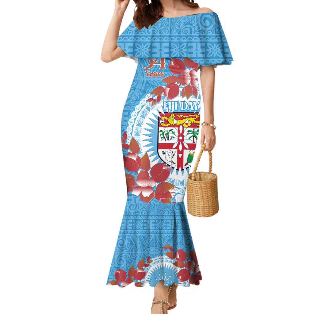 Personalised Fiji Day Mermaid Dress Fijian Tapa Pattern Mix Tagimoucia - Blue Version