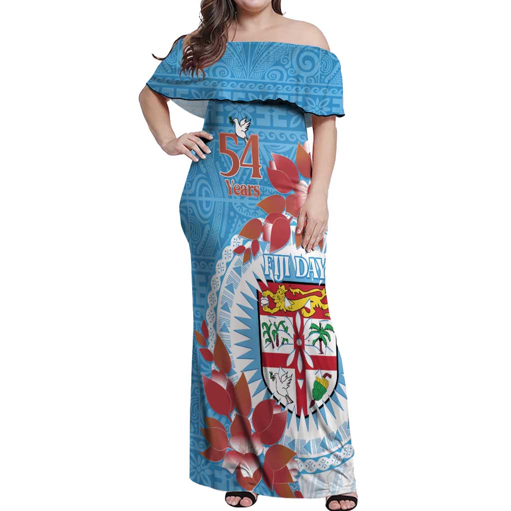 Personalised Fiji Day Off Shoulder Maxi Dress Fijian Tapa Pattern Mix Tagimoucia - Blue Version