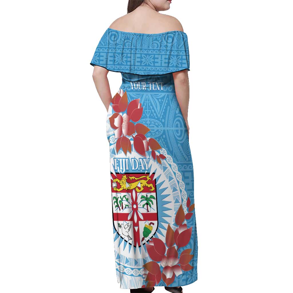 Personalised Fiji Day Off Shoulder Maxi Dress Fijian Tapa Pattern Mix Tagimoucia - Blue Version