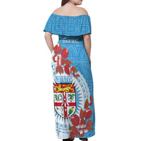 Personalised Fiji Day Off Shoulder Maxi Dress Fijian Tapa Pattern Mix Tagimoucia - Blue Version