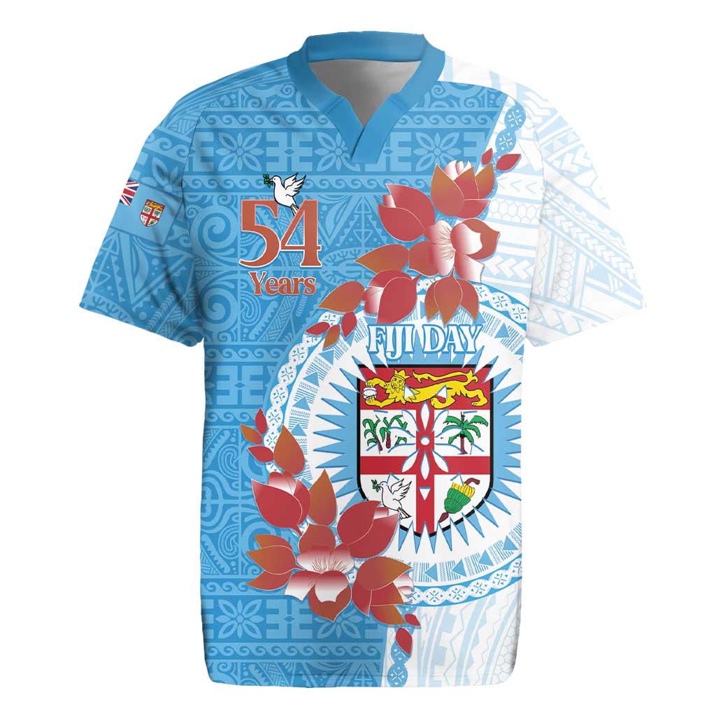 Personalised Fiji Day Rugby Jersey Fijian Tapa Pattern Mix Tagimoucia - Blue Version