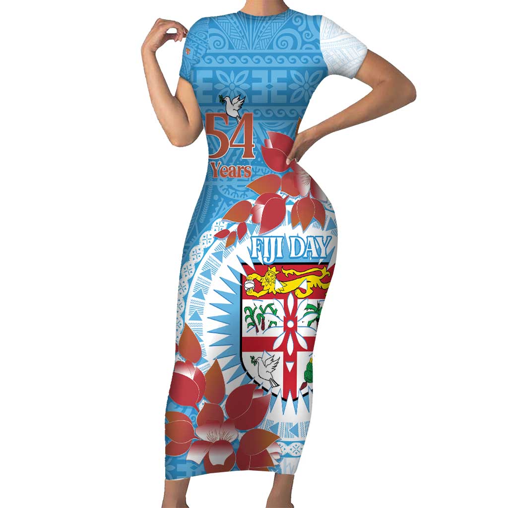 Personalised Fiji Day Short Sleeve Bodycon Dress Fijian Tapa Pattern Mix Tagimoucia - Blue Version