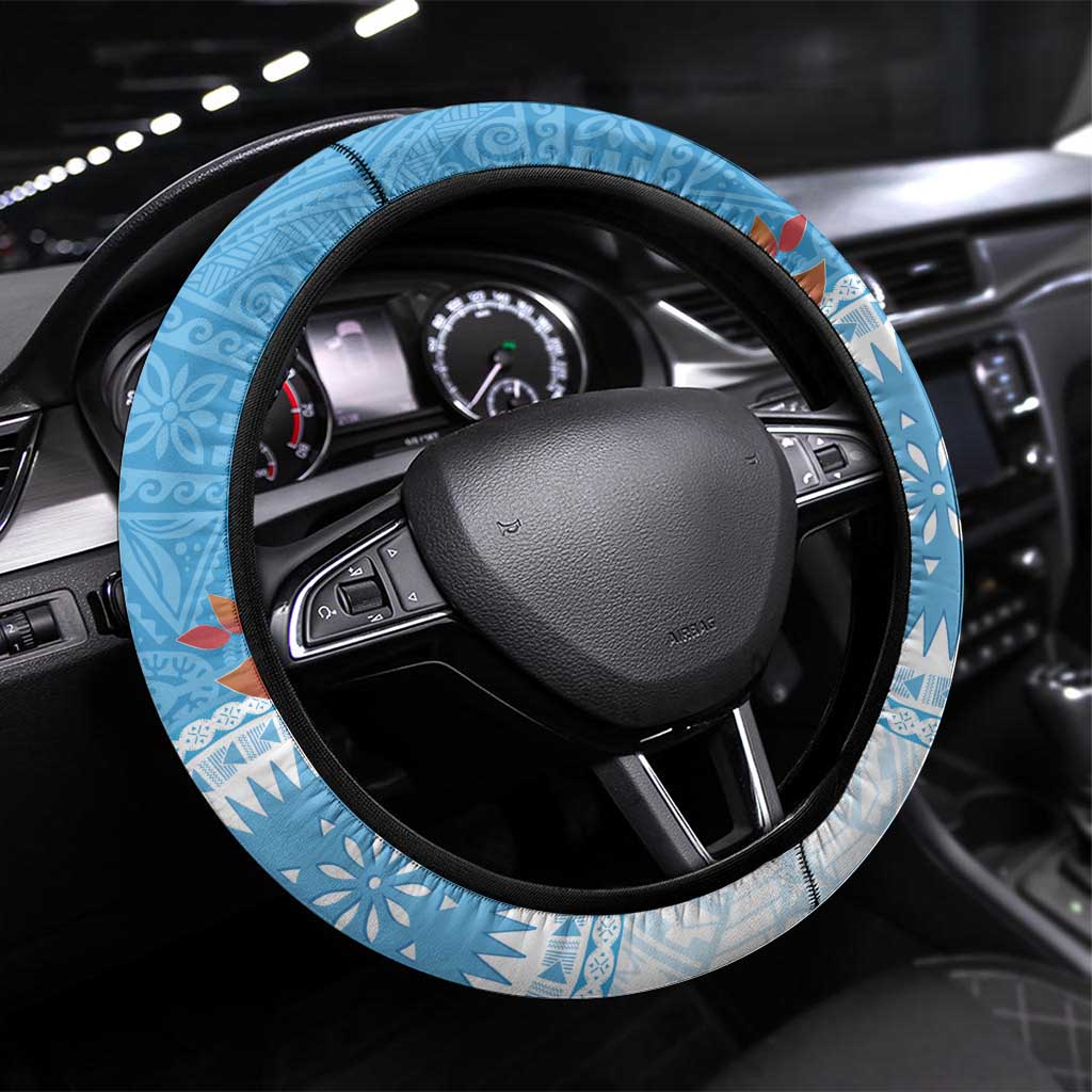 Fiji Day Steering Wheel Cover Fijian Tapa Pattern Mix Tagimoucia - Blue Version