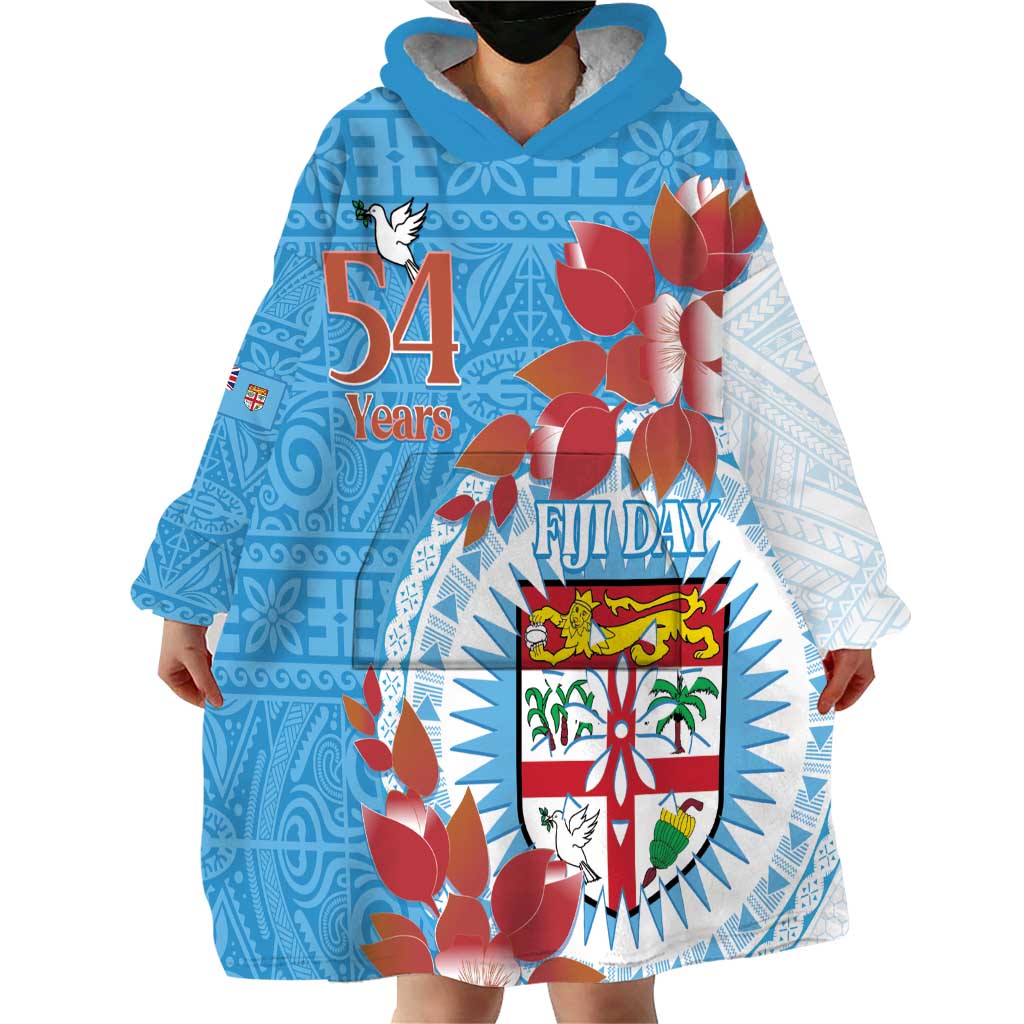 Personalised Fiji Day Wearable Blanket Hoodie Fijian Tapa Pattern Mix Tagimoucia - Blue Version