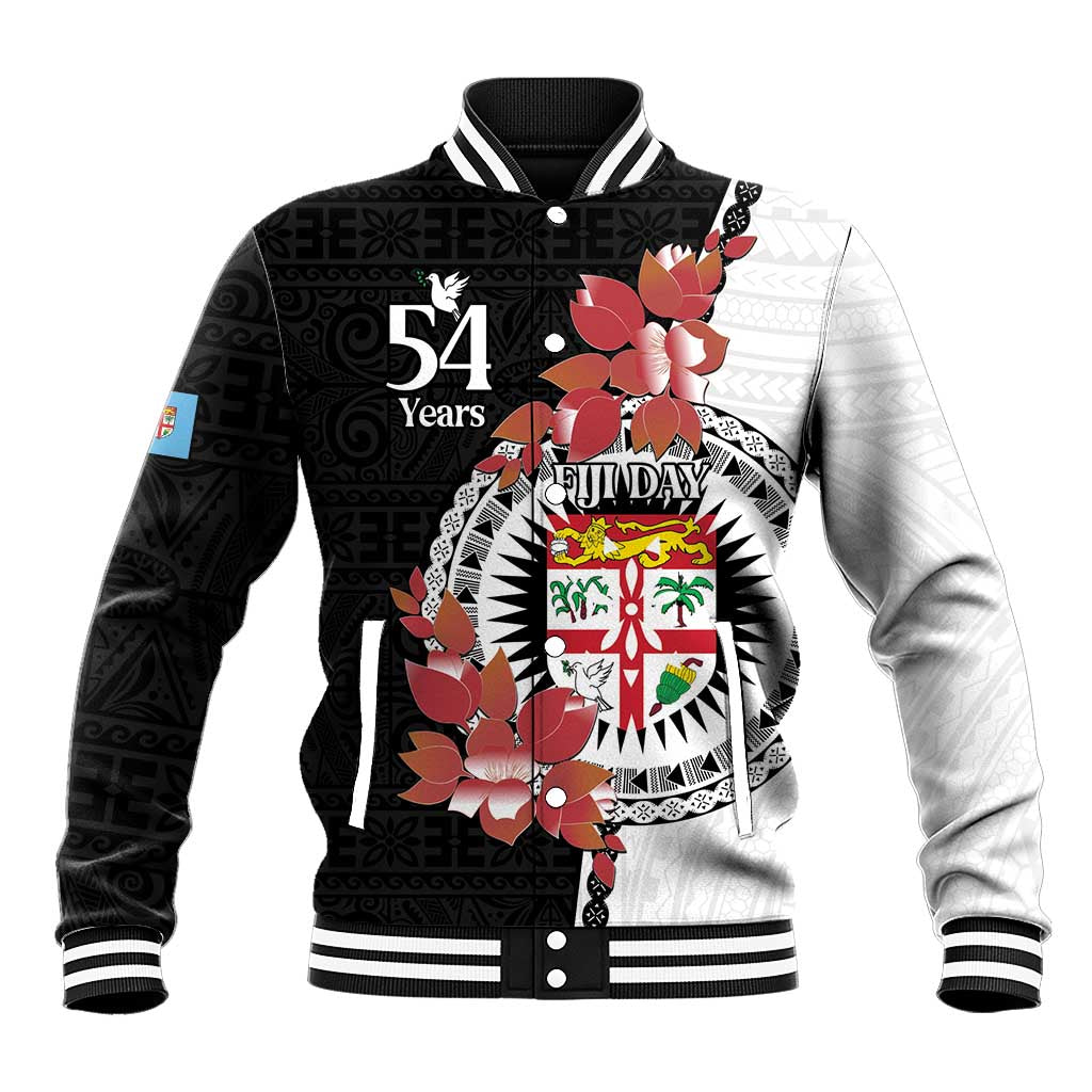 Personalised Fiji Day Baseball Jacket Fijian Tapa Pattern Mix Tagimoucia - Black Version