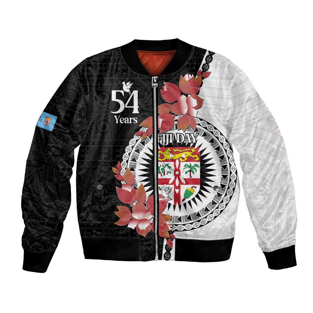 Personalised Fiji Day Bomber Jacket Fijian Tapa Pattern Mix Tagimoucia - Black Version