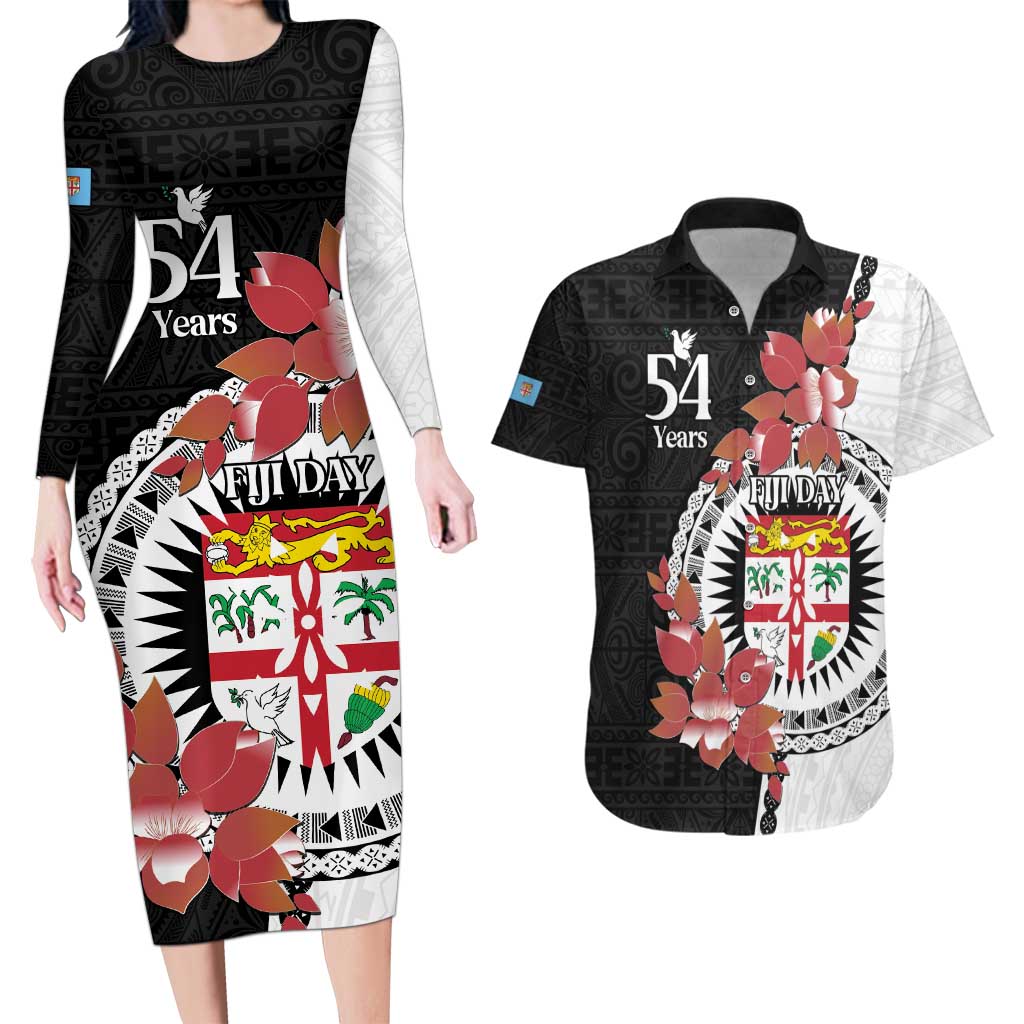 Personalised Fiji Day Couples Matching Long Sleeve Bodycon Dress and Hawaiian Shirt Fijian Tapa Pattern Mix Tagimoucia - Black Version