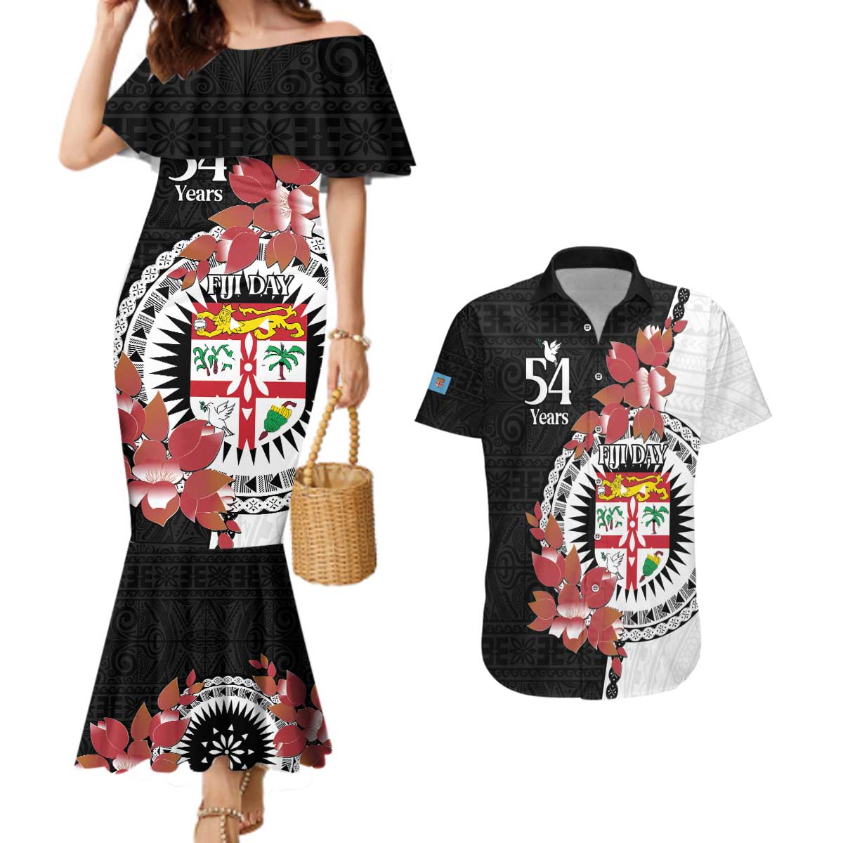 Personalised Fiji Day Couples Matching Mermaid Dress and Hawaiian Shirt Fijian Tapa Pattern Mix Tagimoucia - Black Version