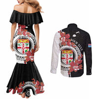 Personalised Fiji Day Couples Matching Mermaid Dress and Long Sleeve Button Shirt Fijian Tapa Pattern Mix Tagimoucia - Black Version