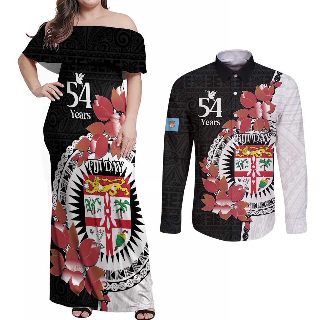 Personalised Fiji Day Couples Matching Off Shoulder Maxi Dress and Long Sleeve Button Shirt Fijian Tapa Pattern Mix Tagimoucia - Black Version