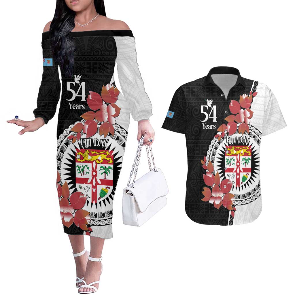 Personalised Fiji Day Couples Matching Off The Shoulder Long Sleeve Dress and Hawaiian Shirt Fijian Tapa Pattern Mix Tagimoucia - Black Version