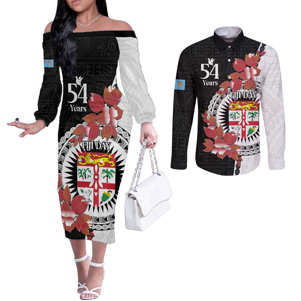 Personalised Fiji Day Couples Matching Off The Shoulder Long Sleeve Dress and Long Sleeve Button Shirt Fijian Tapa Pattern Mix Tagimoucia - Black Version