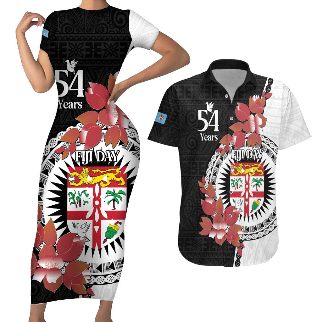 Personalised Fiji Day Couples Matching Short Sleeve Bodycon Dress and Hawaiian Shirt Fijian Tapa Pattern Mix Tagimoucia - Black Version