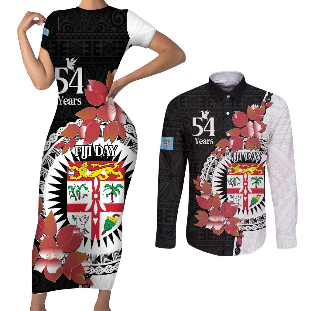 Personalised Fiji Day Couples Matching Short Sleeve Bodycon Dress and Long Sleeve Button Shirt Fijian Tapa Pattern Mix Tagimoucia - Black Version