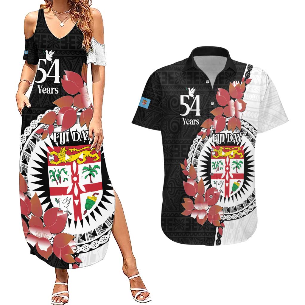 Personalised Fiji Day Couples Matching Summer Maxi Dress and Hawaiian Shirt Fijian Tapa Pattern Mix Tagimoucia - Black Version