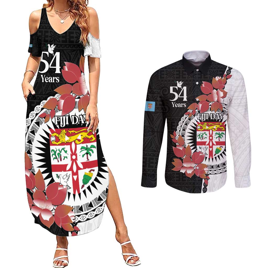 Personalised Fiji Day Couples Matching Summer Maxi Dress and Long Sleeve Button Shirt Fijian Tapa Pattern Mix Tagimoucia - Black Version